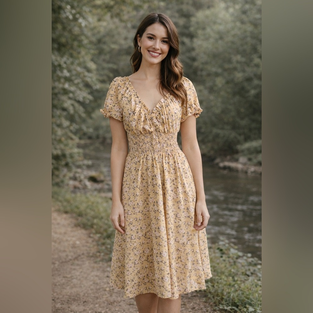 Yellow Floral Midi Dress size medium